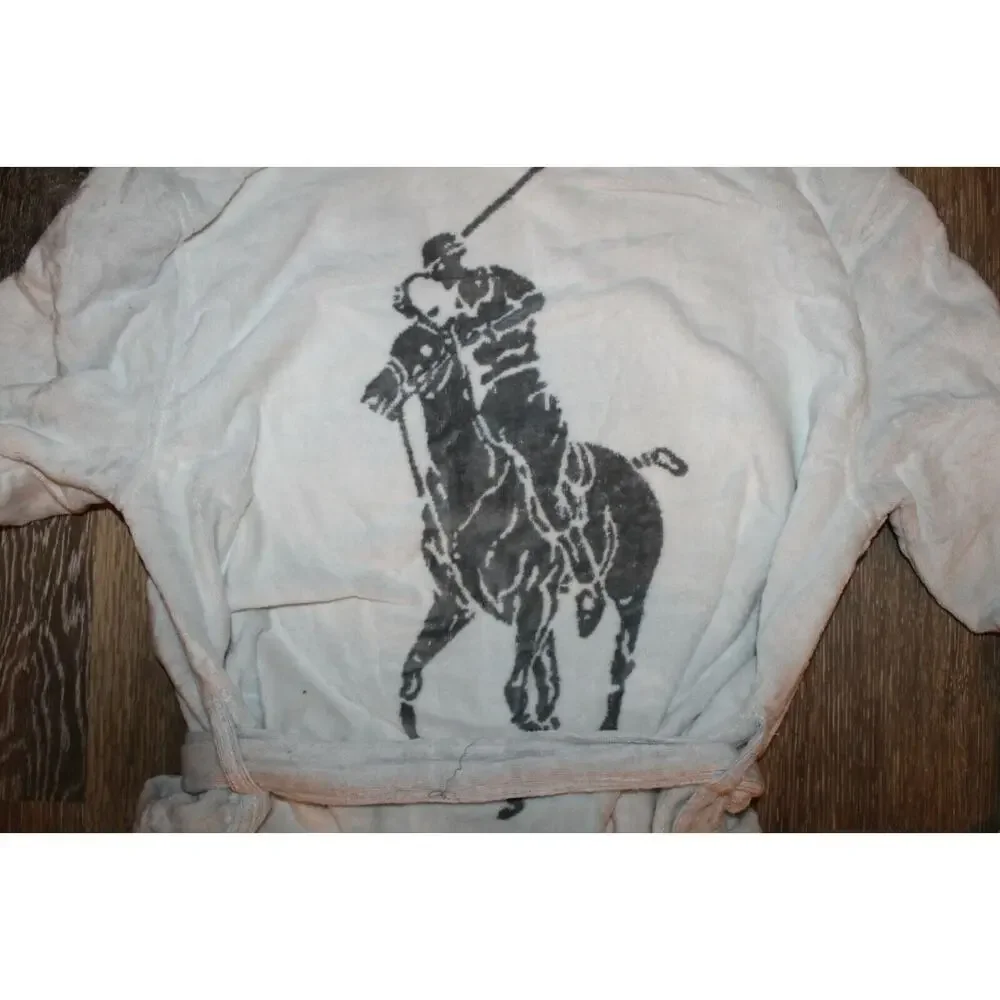 NWT RALPH LAUREN Large Polo Pony Plush Velour Bath Robe White‎ Gray $150